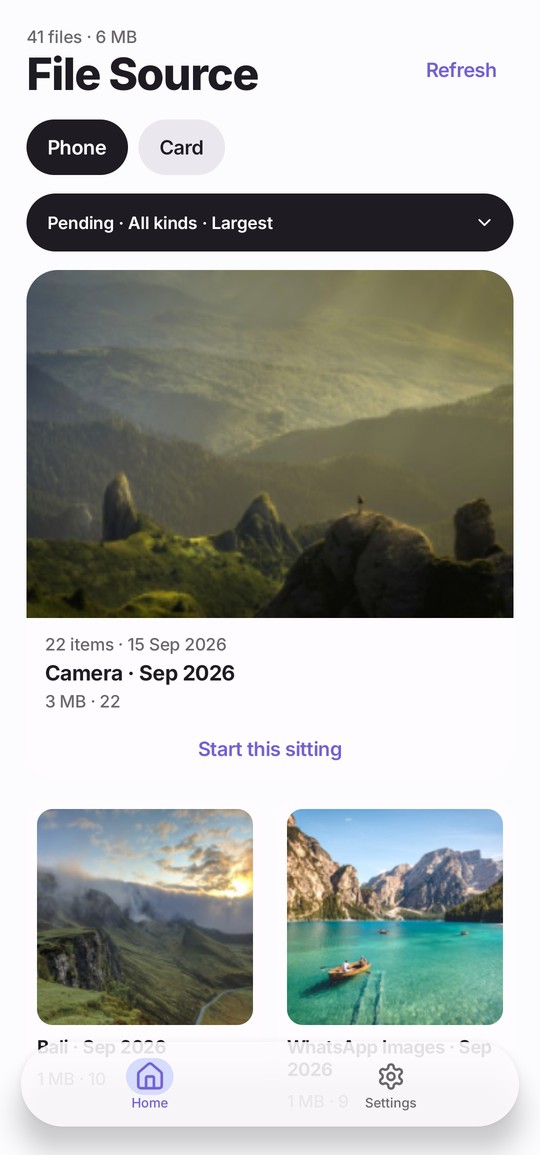 Filtr File Source showing Camera, Bali, and WhatsApp batches